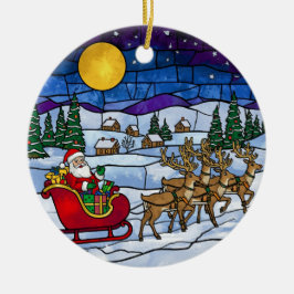 Stained Glass Santa & Reindeer Sleigh Ride Keramik Ornament