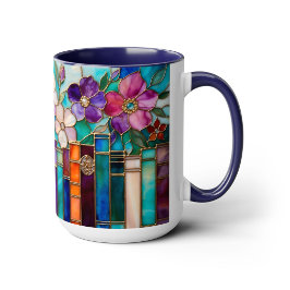 Stained Glass Style Books Floral Mug Tasse