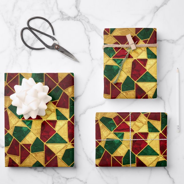 Stained Glass Style Christmas Red Green Gold  Geschenkpapier Set (Vorderseite)