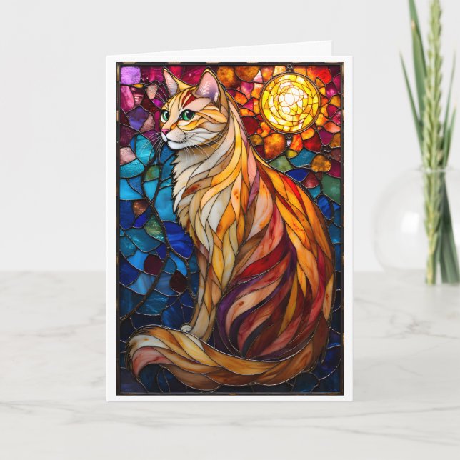Stained Glass Style Fluffy Orange and White Cat  Karte (Vorderseite)