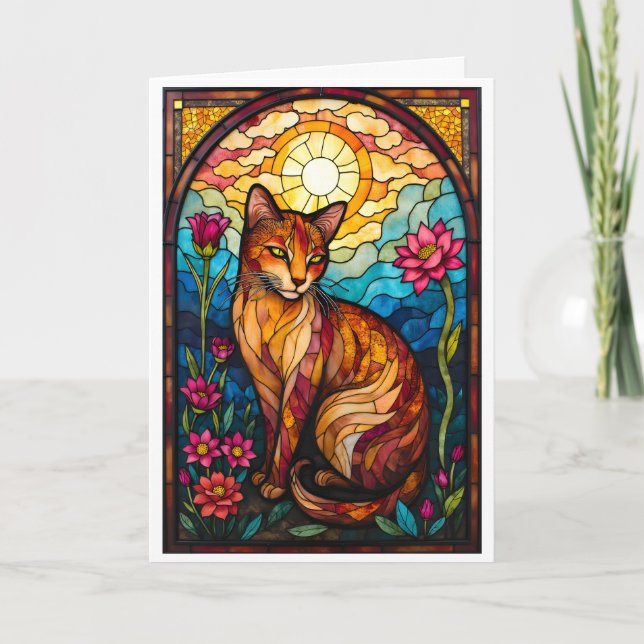 Stained Glass Style Orange Kitty with Pink Flowers Karte (Vorderseite)