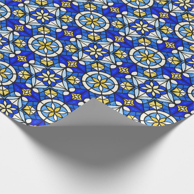 Stained Glass Style Shades of Blue and Yellow Geschenkpapier (Ecke)