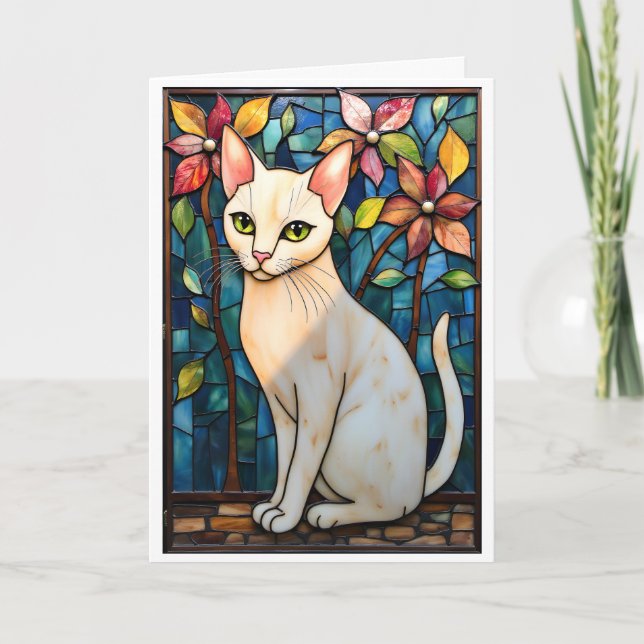 Stained Glass Style White Cat with Flowers Karte (Vorderseite)