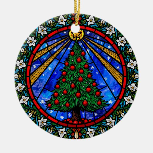Stained Glass Tree & Floral Border Keramik Ornament (Vorne)