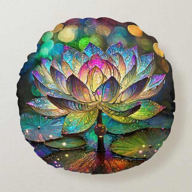 Stained Glass Vibrant Lotus Flower Rundes Kissen (Vorderseite)