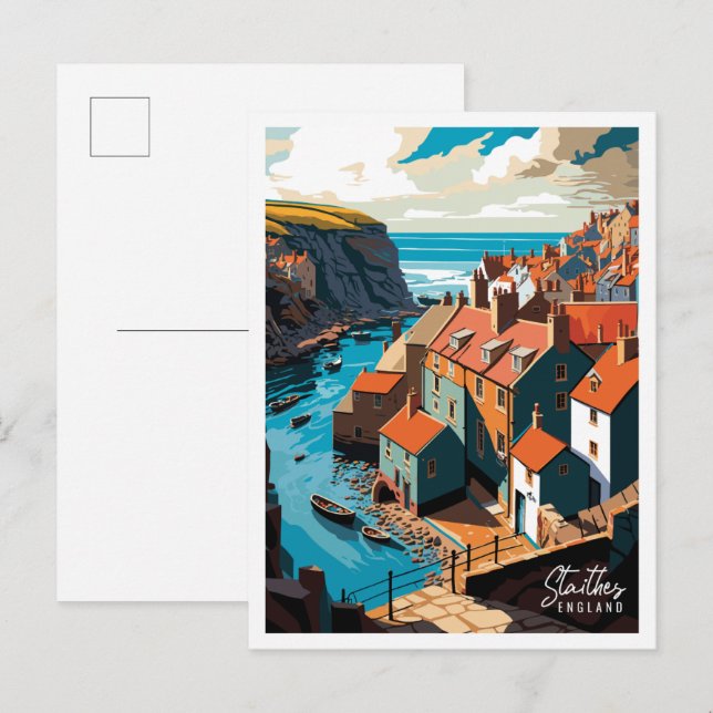 Staithes England Vintage Illustration Postkarte (Vorne/Hinten)