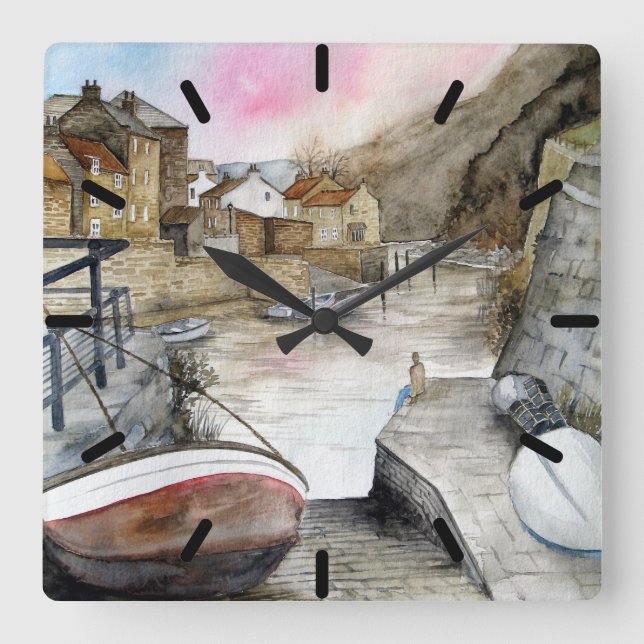 Staithes, North Yorkshire, England Quadratische Wanduhr (Vorderseite)