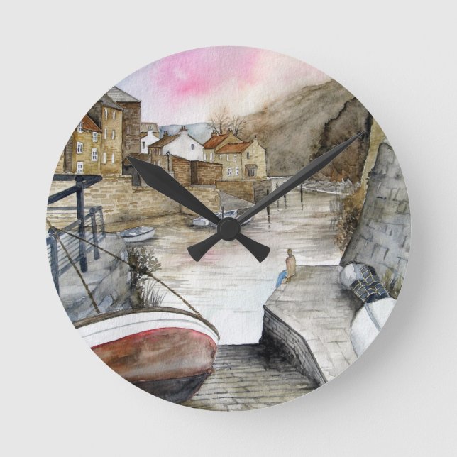 Staithes, North Yorkshire, England Watercolour Runde Wanduhr (Vorderseite)