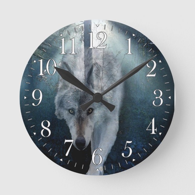 Stalking Grau Wolf Wildlife Art Clock Runde Wanduhr (Vorderseite)