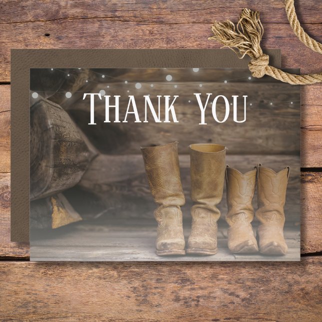 Stall & Boots Rustikaler Cowboy Western Hochzeit Dankeskarte (Rustic Boots for Two Cowboy Wedding Thank You Card)
