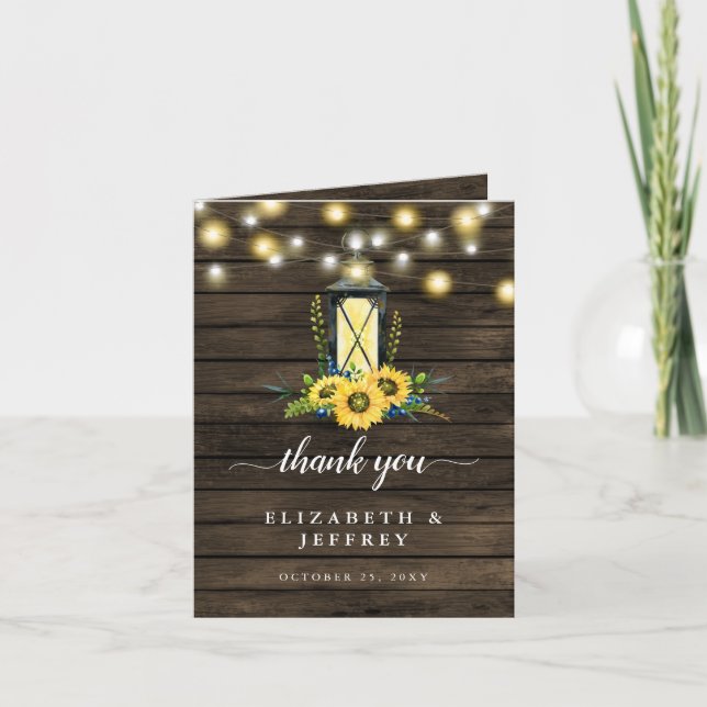 Stall Holz String Lichter Sonnenblumen Danke Karte (Vorderseite)