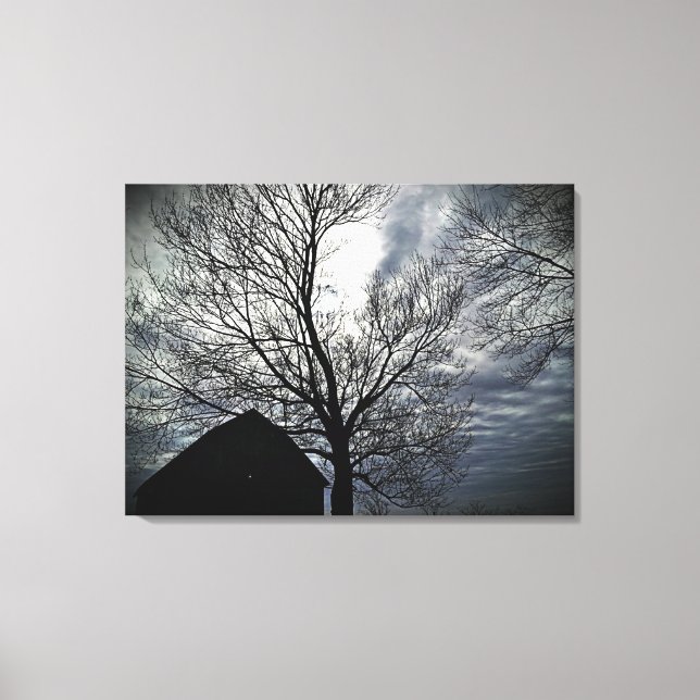Stall mit Sky & Bare Trees Schwarz & Weiß Foto Lei Leinwanddruck (Vorderseite)