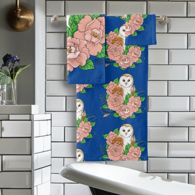Stall Owl Pink Blume Blau Badhandtuch Set (Von Creator hochgeladen)