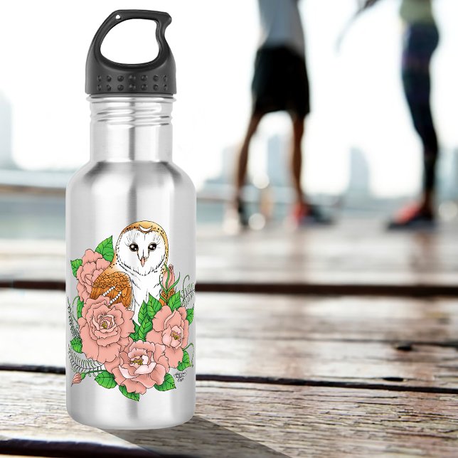 Stall Owl Pink Blume Blau Edelstahlflasche (Von Creator hochgeladen)