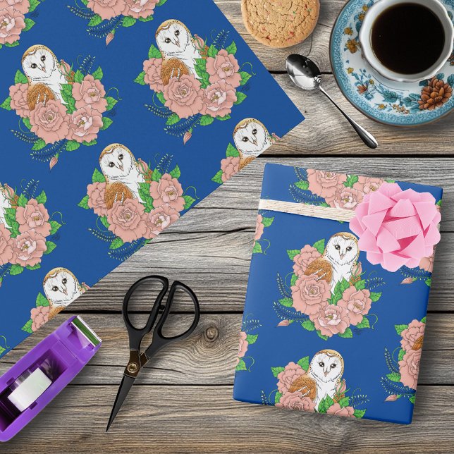 Stall Owl Pink Blume Blau Geschenkpapier (Von Creator hochgeladen)