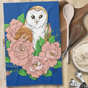 Stall Owl Pink Blume Blau Geschirrtuch