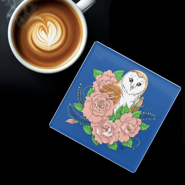 Stall Owl Pink Blume Blau Glasuntersetzer (Von Creator hochgeladen)