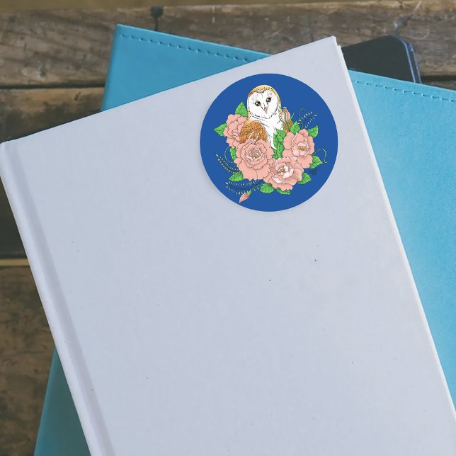 Stall Owl Pink Blume Blau Runder Aufkleber (Von Creator hochgeladen)