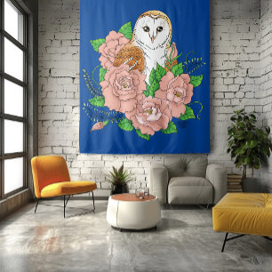 Stall Owl Pink Blume Blau Wandteppich
