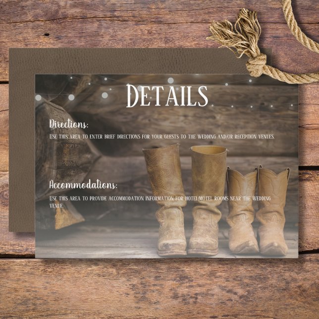 Stall & Stiefel Rustikaler Cowboy Western Hochzeit Begleitkarte (Rustic Boots for Two Cowboy Wedding Details Enclosure Card)