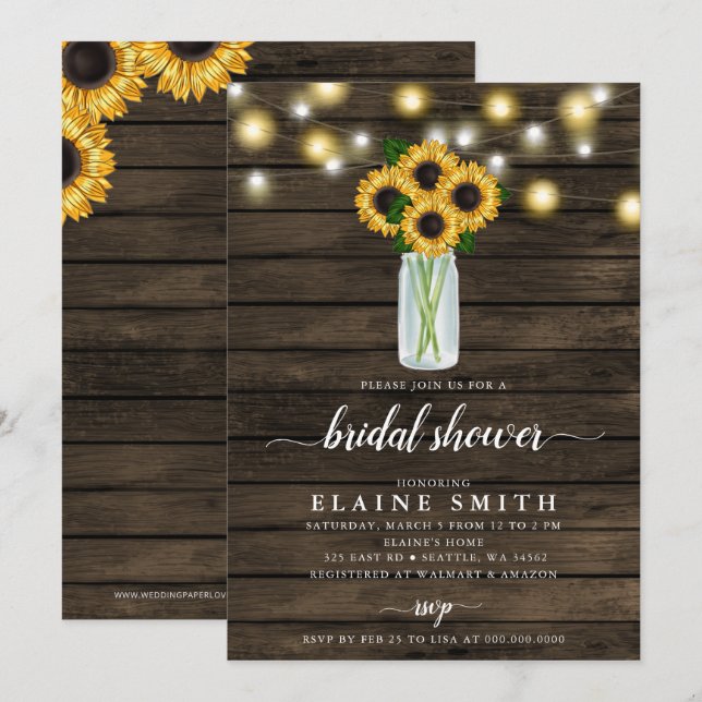 Stall Wood String Lights Sonnenblumen Brautparty Einladung (Vorne/Hinten)