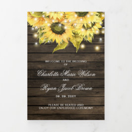 Stall wood String Lights Sonnenblumen Foto Hochzei Dreifach-gefaltete Programmkarte