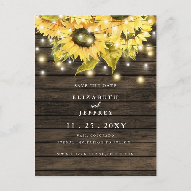 Stall Wood String Lights Sonnenblumen Save the Dat Ankündigungspostkarte (Vorderseite)