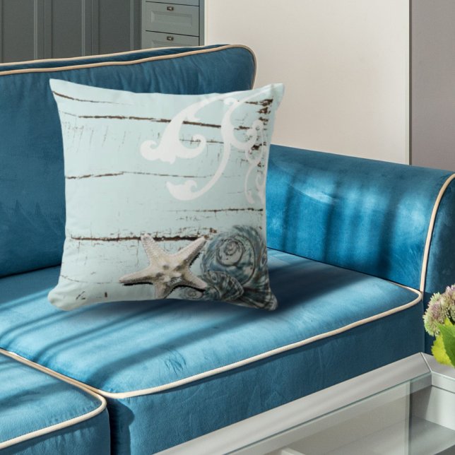 Stallholz Aqua-Seesterne-Muscheln Kissen (Coastal barn wood aqua blue starfish seashells throw pillow)
