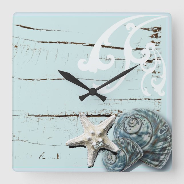 Stallholz Aqua-Seesterne-Muscheln Quadratische Wanduhr (Vorderseite)