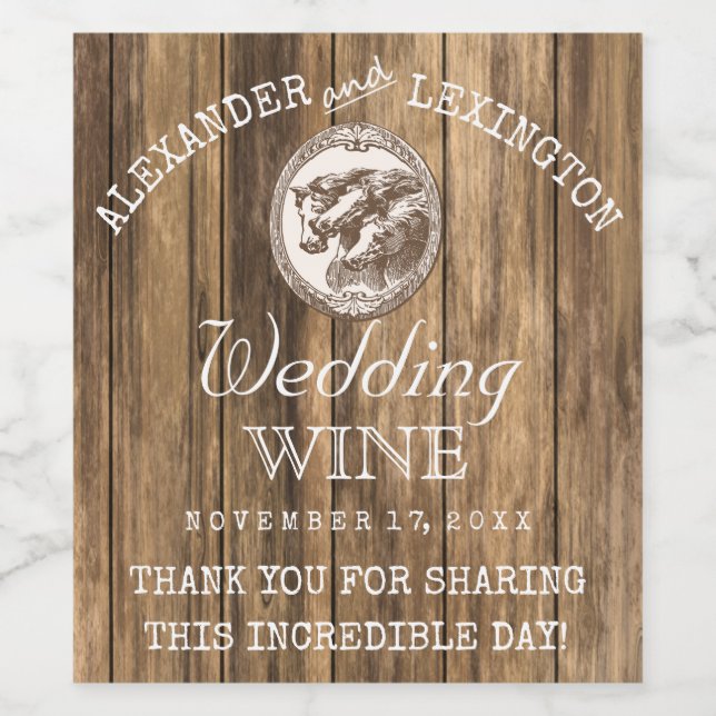 Stallholz mit Pferden Rustikale Ranch Hochzeit Weinetikett (Einzelnes Label)