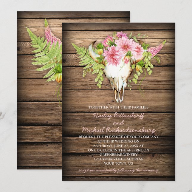 Stallholz Rosa Blume Kuh Schädelhorn Hochzeit Einladung (Vorne/Hinten)