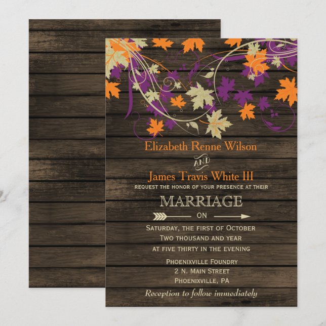 Stallholz, Rustic Fall Plum Blätter Hochzeit Einladung (Vorne/Hinten)