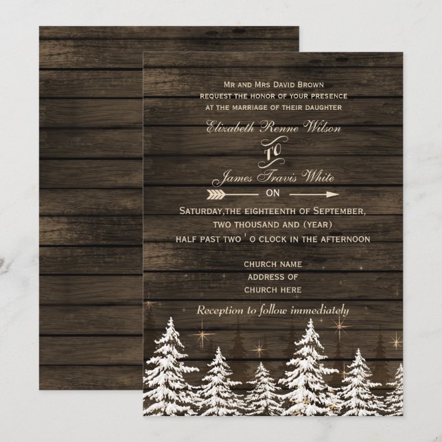 Stallholz Rustikale Pinienbäume Winterhochzeit Einladung (Vorne/Hinten)