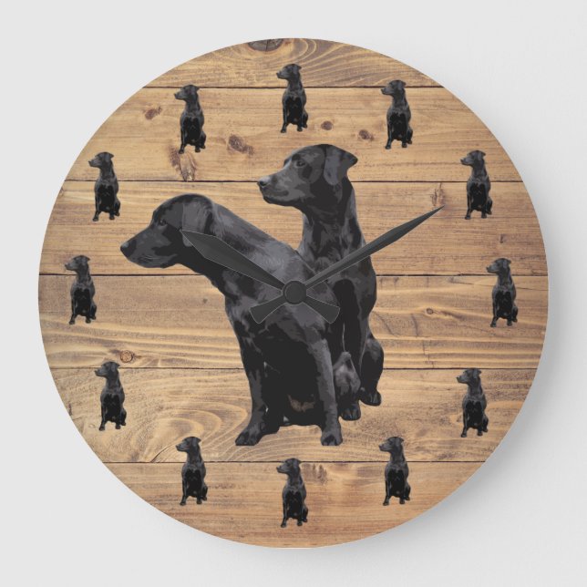 Stallholz Rustikaler schwarzer Labrador Retriever Große Wanduhr (Vorderseite)