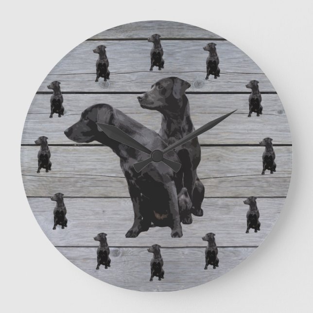 Stallholz Rustikaler schwarzer Labrador Retriever Große Wanduhr (Vorderseite)