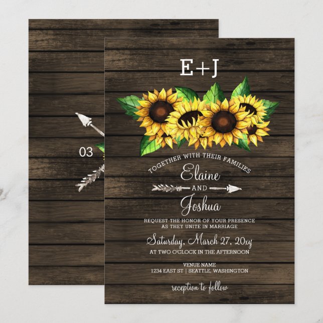Stallholz Sonnenblumen Land Rustikale Hochzeit Einladung (Vorne/Hinten)