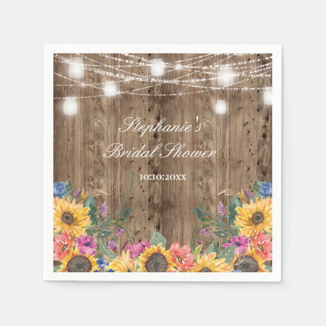 Stallholz und Sonnenblumen Brautparty Serviette (Vorderseite)