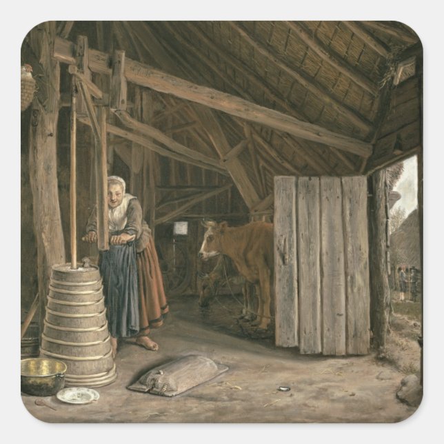 Stallinnere mit einer Magd-Kürbisbutter Quadratischer Aufkleber (Vorderseite)