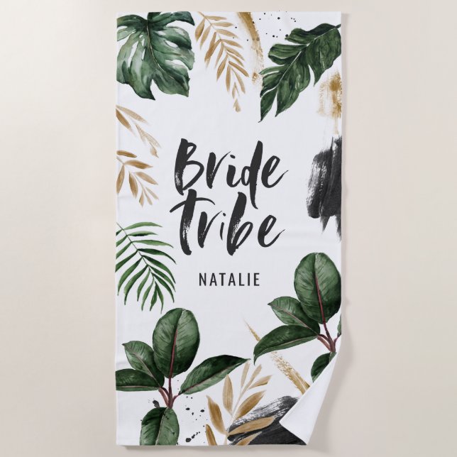 Stamm der Braut Tropenblatt und Typografie Strandtuch (Vorderseite)