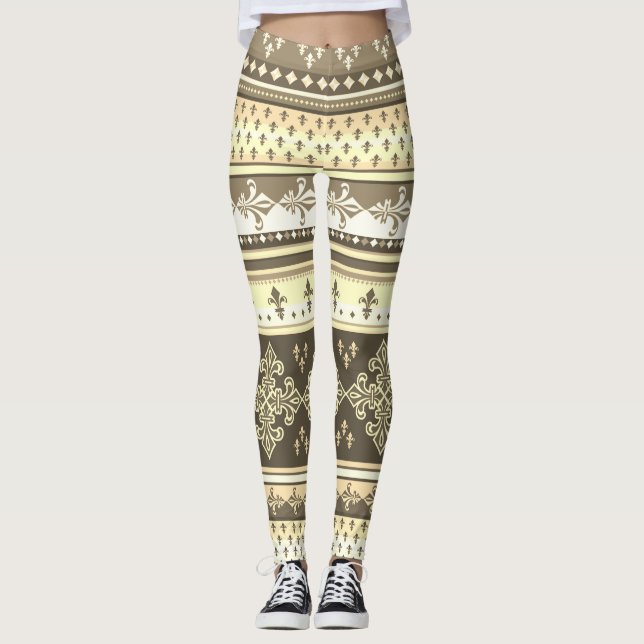 Stamm Ethnisch Cream Earth Tones Brown Olive Khaki Leggings (Vorderseite)
