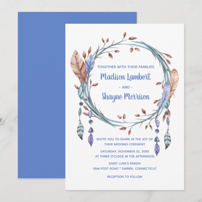 Stamm Native American Blue Feathers Boho Hochzeit Einladung (Vorne/Hinten)