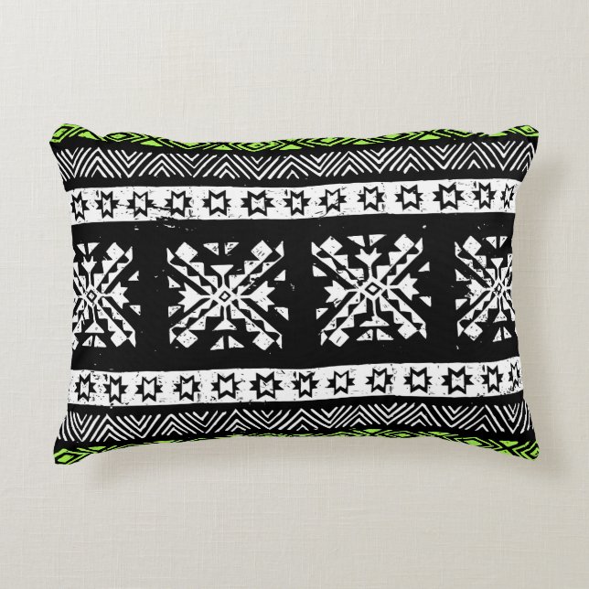 Stamm Navajo, Schwarz-weißes grünes Muster. Dekokissen (Vorderseite)