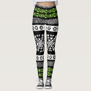 Stamm Navajo, Schwarz-weißes grünes Muster. Leggings