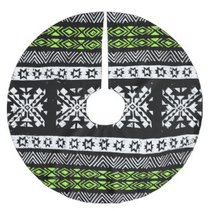 Stamm Navajo, Schwarz-weißes grünes Muster. Polyester Weihnachtsbaumdecke