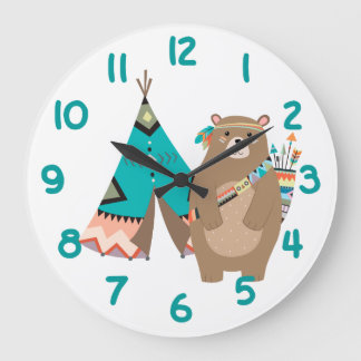 Stammbär und Aquamarine Tipi-Zahl Große Wanduhr