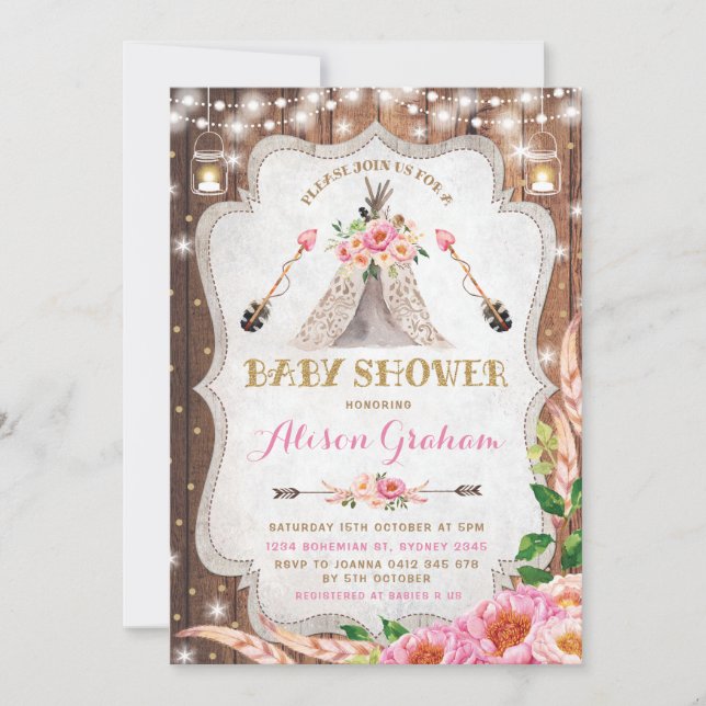 Stammes- Boho Babyparty-EinladungblumenTeepee Einladung (Vorderseite)