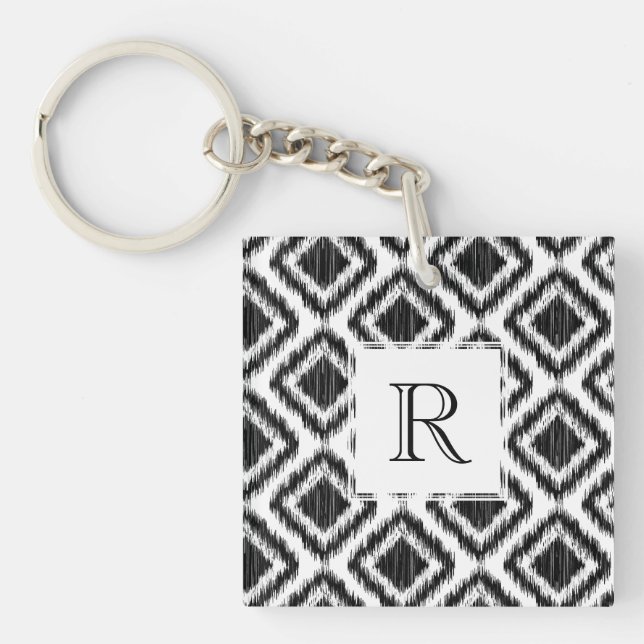 Stammes- elegantes Schwarzweiss-Ikat Muster Schlüsselanhänger (Vorderseite)