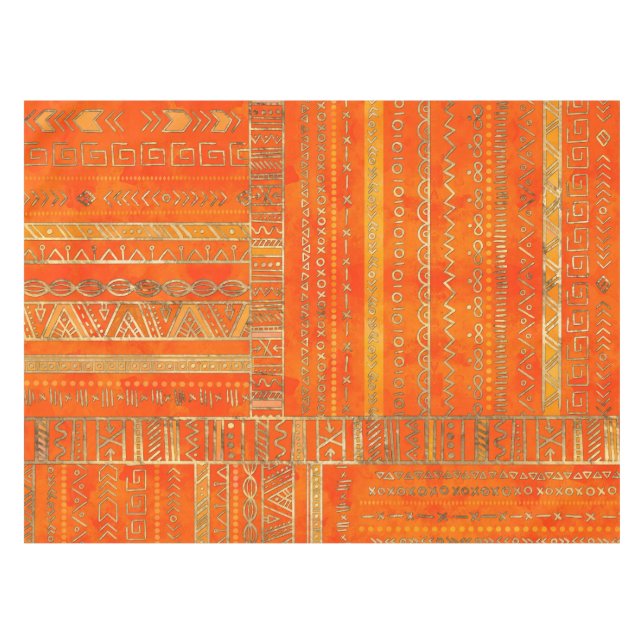 Stammes- ethnisches Mustergold auf Leuchtorange Tischdecke (Vorderseite (Horizontal))