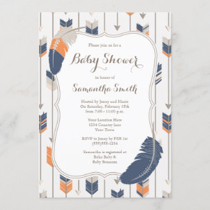 Stammes- Feder-Pfeil-Babyparty-Marine-Orange Einladung