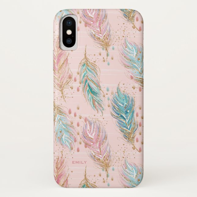 Stammes- Glitzer Boho versieht Muster mit Federn Case-Mate iPhone Hülle (Rückseite)